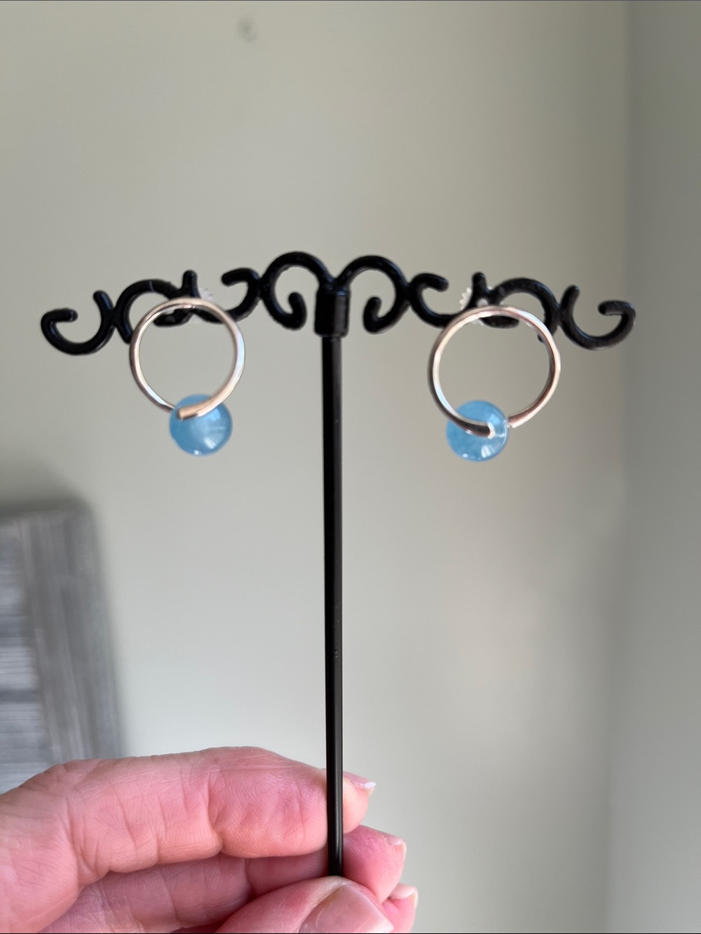 Blue Glass Drop Hoop Earrings in Sterling Silver